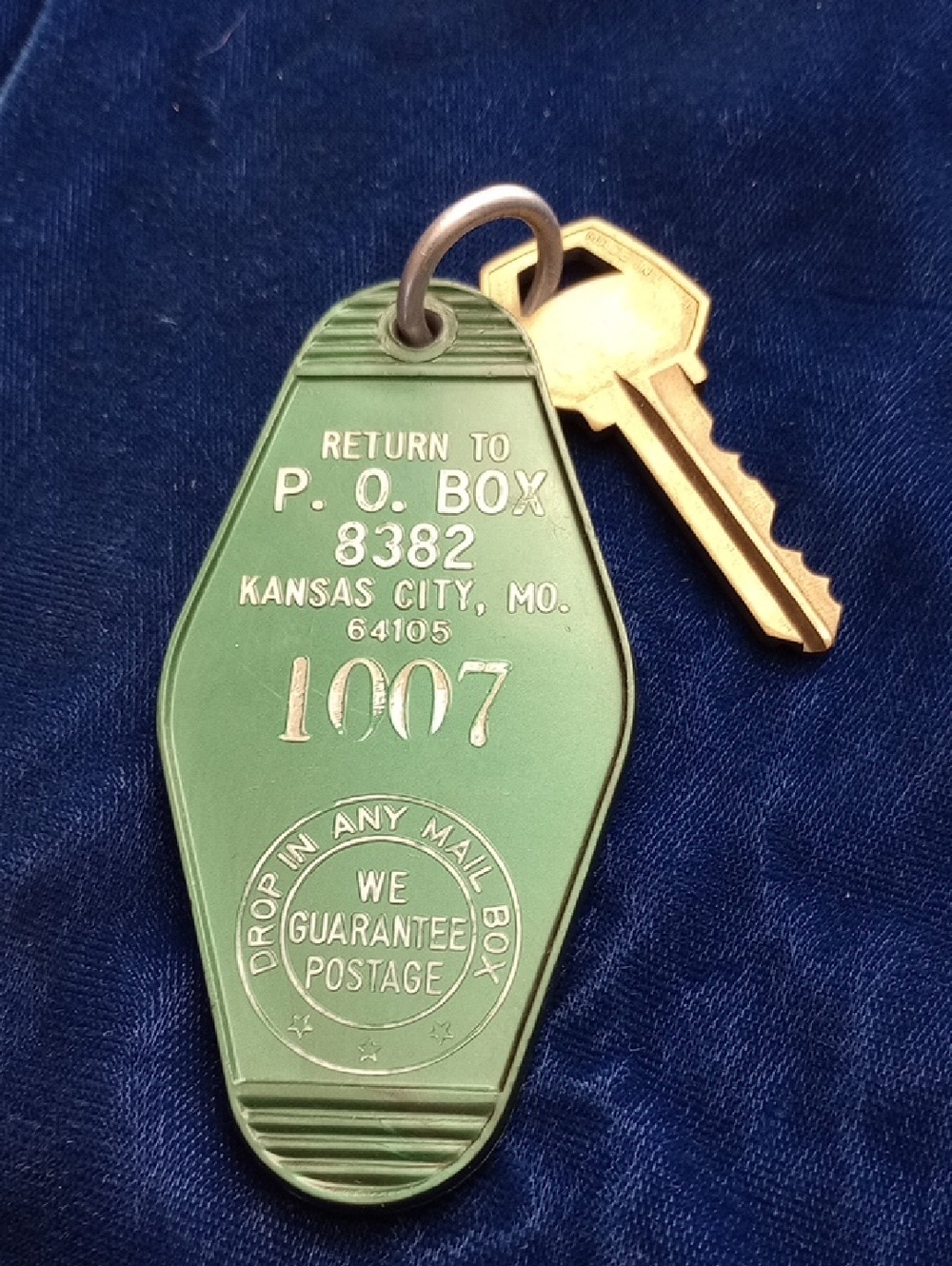 Green Vintage Motel Key Tag with Brass Key From Downtown KC, MO